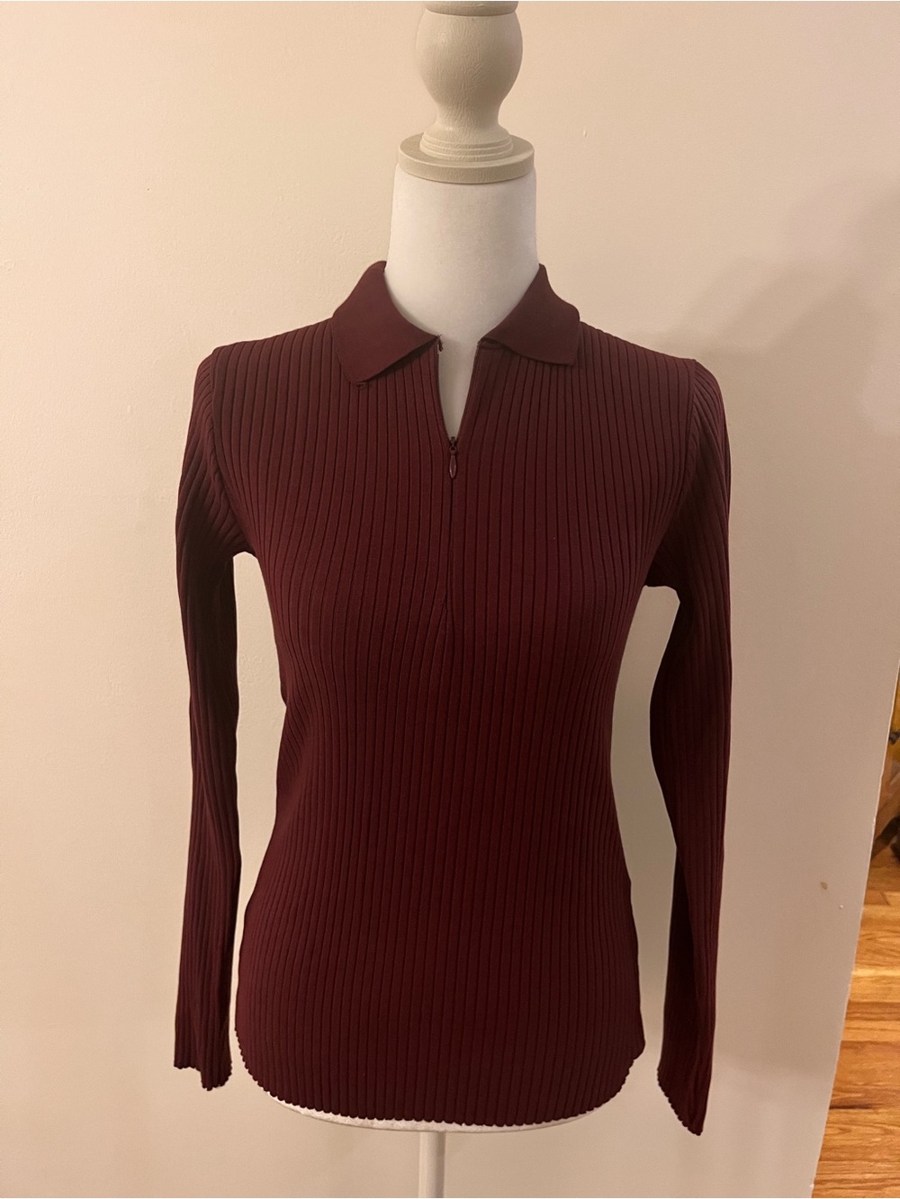Zara Long-Sleeve Ribbed Polo Zip Top in Burgundy